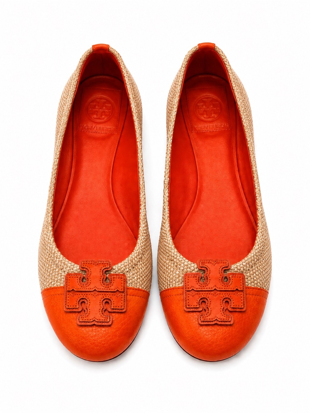 Tory Burch Orange Leather & Natural Straw Logo Ballet Flats